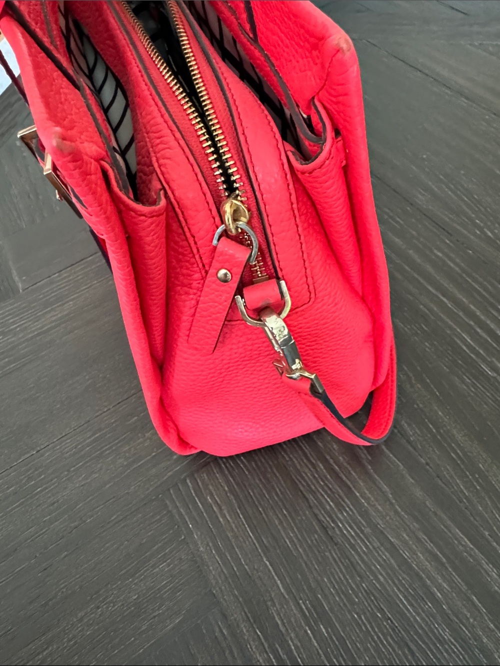 Red Leather Satchel Bag | Structured Top Handle Tote Crossbody Medium Size Gold - Picture 5 of 7